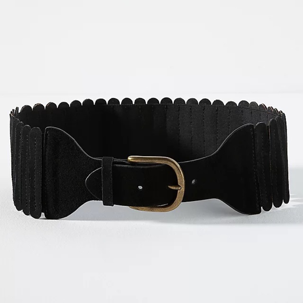 Anthropologie Black Leather Stretch Belt with Gold Buckle